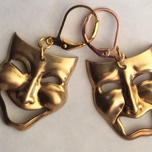 Happy and sad comedy tragedy faces theatre masks raw brass gold tone handmade earrings for pierced ears nickel free