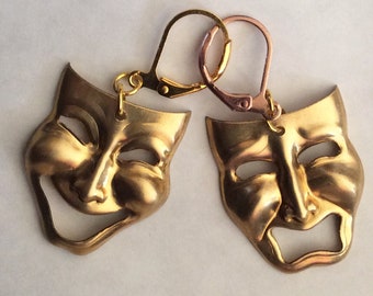 Happy and sad comedy tragedy faces theatre masks raw brass gold tone handmade earrings for pierced ears nickel free