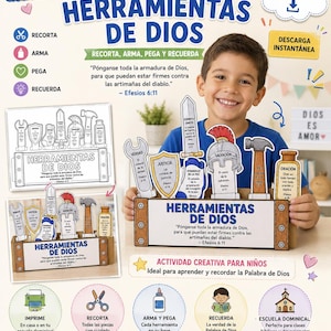 Könnte beinhalten: Ein druckbares Bibel-Aktivitätsset mit dem Titel Herramientas de Dios, das Papier-Ausschnitte von Werkzeugen wie einem Schraubenschlüssel, Schild, Schwert, Helm und Hammer enthält. Das Set umfasst eine Basis, um die Werkzeuge zu präsentieren.