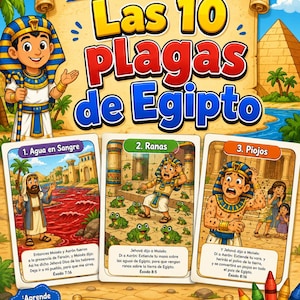 May include: A coloring page titled Las 10 plagas de Egipto featuring a cartoon pharaoh and three illustrated cards depicting biblical plagues. The cards show water turning to blood, frogs, and lice, with Spanish text and colorful graphics throughout.