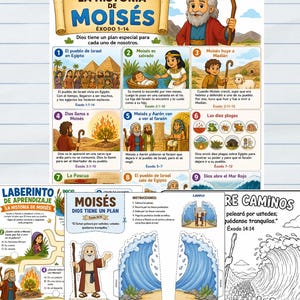 Könnte beinhalten: Ein druckbares Bibelstudien-Set zur Geschichte von Mose, das eine farbig illustrierte Zeitleiste der Ereignisse aus Exodus 1-14, ein Lernlabyrinth und ein Bastelset zum Ausschneiden und Falten der Teilung des Roten Meeres enthält.