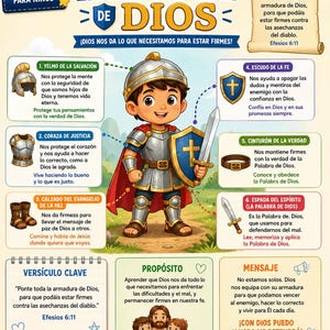 May include: An educational poster titled La Armadura de Dios featuring a cartoon child dressed as a knight in silver armor with a red cape, holding a sword and shield. The graphic includes six numbered sections detailing armor pieces with Spanish text.