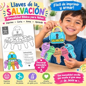 Puede incluir: Una manualidad bíblica imprimible para niños titulada Llaves de la Salvación, que incluye un candado y cinco llaves de papel. Cada llave contiene texto en español como Romanos 3:23 y Juan 3:16, diseñado para colorear, recortar y armar.