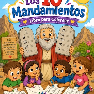 May include: A coloring book cover titled Los 10 Mandamientos Libro para Colorear featuring a bearded figure holding two stone tablets with Roman numerals I through X. Four children sit at a table coloring in books with crayons in a landscape.