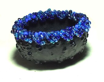 Beaded Gourd Art Mini Bowl Sparkly Blue Black Elegant Gift Ring Dish Glowing Dramatic Jewel Toned Keepsake Birthday Gift