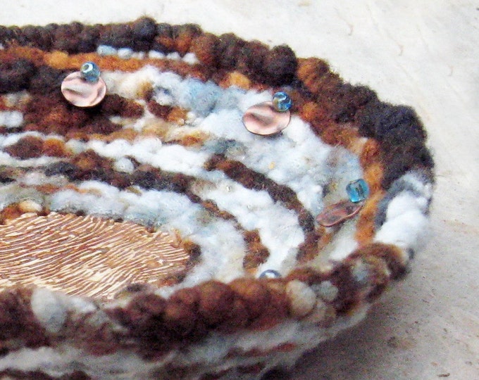 Coiled Basket, Blue Gray, Brown, Multi Colored, Fleece Fiber, Rag Rug ...