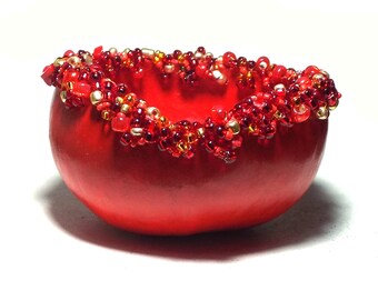 Gourd Mini Bowl Beaded Gourd Art Red Sparkling Painted Romantic Gift in Glowing