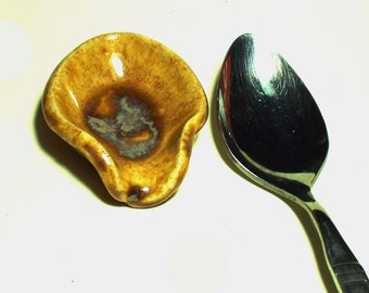 Ceramic Pottery Coffee Spoon Rest Caramel Kitchen Office Space Saving Easy Clean Teaspoon Rest Him or Her