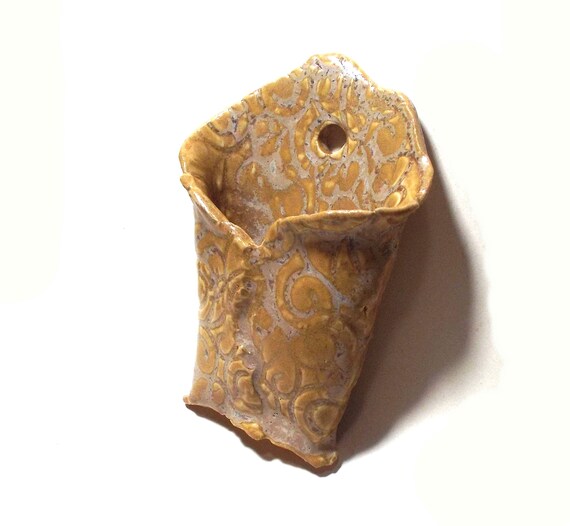 Wall Pocket Ceramic Vase Honey Mustard Textured Fl Design