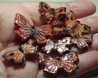 Butterfly Charms 8 Ceramic Stoneware Pottery Beads Monarch Orange Pine Needle Baskets Crafts Jewelry Embellishment