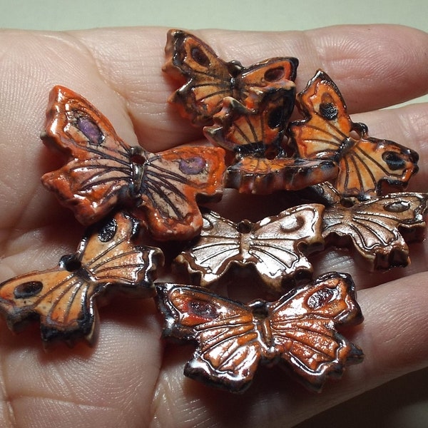 Butterfly Charms 8 Ceramic Stoneware Pottery Beads Monarch Orange Pine Needle Baskets Crafts Jewelry Embellishment