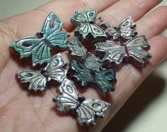 Butterfly Charms 8 Ceramic Stoneware Pottery Beads Blue Pink Purple Pine Needle Baskets Crafts Jewelry Embellishment