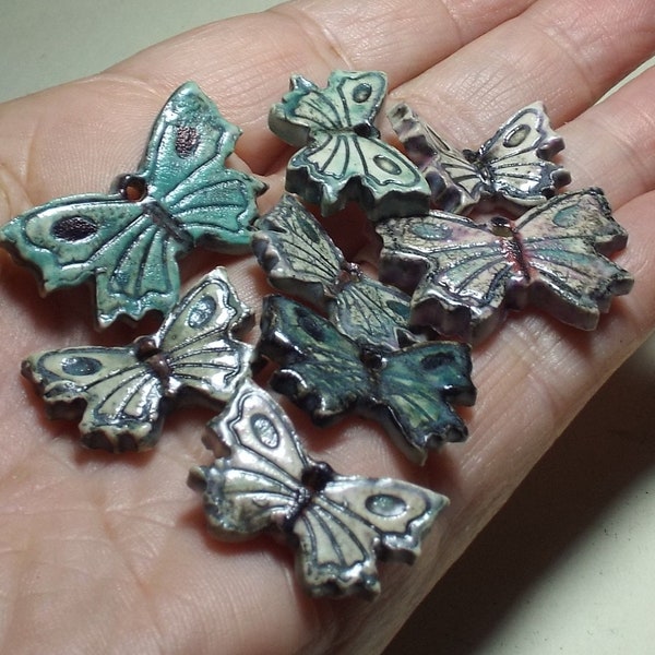 Butterfly Charms 8 Ceramic Stoneware Pottery Beads Blue Pink Purple Pine Needle Baskets Crafts Jewelry Embellishment