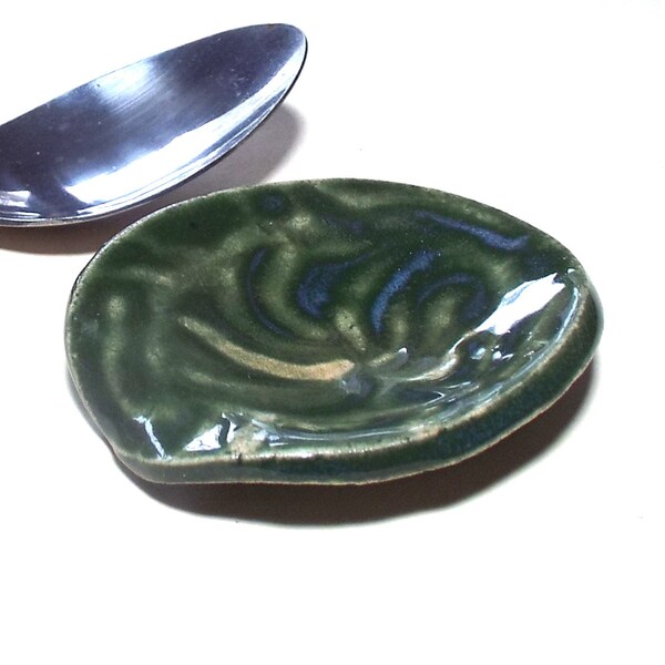 Ceramic Pottery Spoon Rest Small Cloud SwirlTeaspoon Rest Dish Kitchen Office Decor Coffee Spoon Rest Teal Green Cream Nature Lover