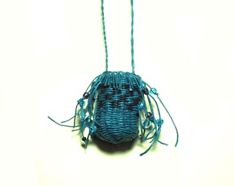 Waxed Linen Fiber Art Necklace Casual Woven Artisan Basket Jewelry Pouch Gray Turquoise Blue Black Checkered Gift Idea for Women