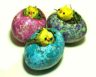 Painted Egg Gourds Spring Easter Eggs Set of 3 Chick Eggs Pink Blue Green Speckled Spring Bowl Filler Easter Basket Hatching Chick Eggs