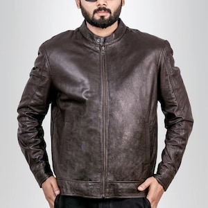 Handmade Brown Lambskin Motorcycle Biker Slim Fit Leather Jacket for Men | Vintage Style Leather Jacket | Gift for him Genuine Brown Leather