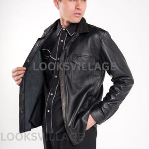 Men Black Sheepskin Buttoned Leather Shirt | Mens Leather Jacket | Black Leather Jacket | Fashion Jacket | Leather Shirt | Gift for Him