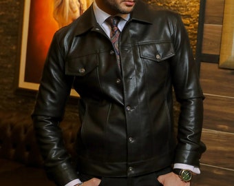 Men Black Genuine Leather Jacket, Trucker Leather Jacket, Classic Western Trucker Jacket, Real Trucker Leather Jacket, Men Gift Gift For Him