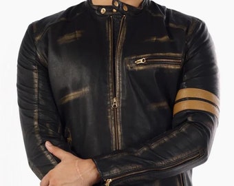 Men's Black Distressed Real Leather Biker Jacket - Vintage Motorcycle Cafe Racer Style