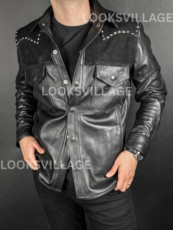 Handmade Black Leather Studded Jacket Men's Rockstar Biker Coat