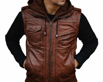 Men&#39;s Handmade Vintage Leather Jacket, Distressed Leather Jacket, Biker Bomber Leather Jacket, Party Jacket With Removable Hood And Sleeves