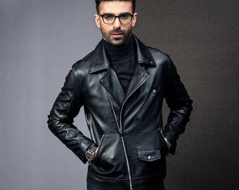 Mens Black Leather Brando Jacket - Vintage Motorcycle Style, Men&#39;s Leather Biker Jacket, Jacket for Him, Gift for Him