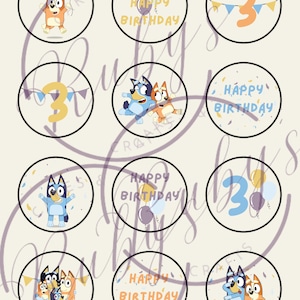 Toppers de cupcake BLUEY x 12, imagens comestíveis, decorações - somente digitais (você imprime)