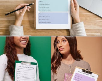 May include: A white clipboard with the text "Top 3 tasks for today" at the top. The clipboard is divided into three sections, each with the headings "Task 1", "Task 2", and "Task 3". Each section has four lines for writing down tasks, with the questions "When will I work on it?", "Where will I work on it?", "How will I get it done?", and "How will I know it's done?" printed on each line.