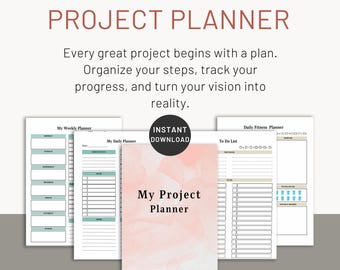 May include: A digital project planner with a pink watercolor background. The planner includes sections for weekly, daily, and fitness planning. The text "My Project Planner" is featured on the cover.