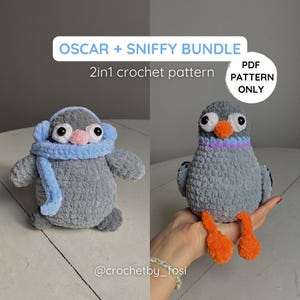Op de afbeelding: Een bundel van twee haakpatronen voor een pinguïn en een duif. De pinguïn is grijs met een blauwe sjaal en oorwarmers, en een roze neus. De duif is grijs met oranje poten en een kleurrijke nek. De tekst zegt "OSCAR + SNIFFY BUNDLE" en "2in1 crochet pattern".