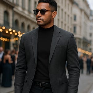 May include: A charcoal gray blazer with a black turtleneck and black pants. The blazer has a two-button closure and a notched lapel. The person is wearing sunglasses and a watch with a silver band. The background is a city street.
