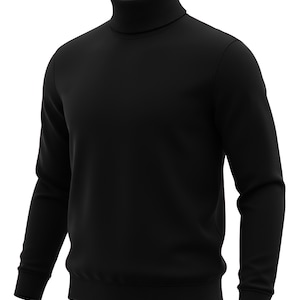 May include: A black turtleneck sweater with long sleeves. The sweater has a ribbed collar, cuffs, and hem. The garment is made of a soft, smooth material and is suitable for layering or wearing on its own.