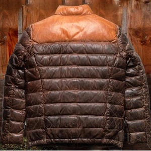Doudoune en cuir pour hommes | Cuir d'agneau véritable souple en duvet bicolore marron et beige