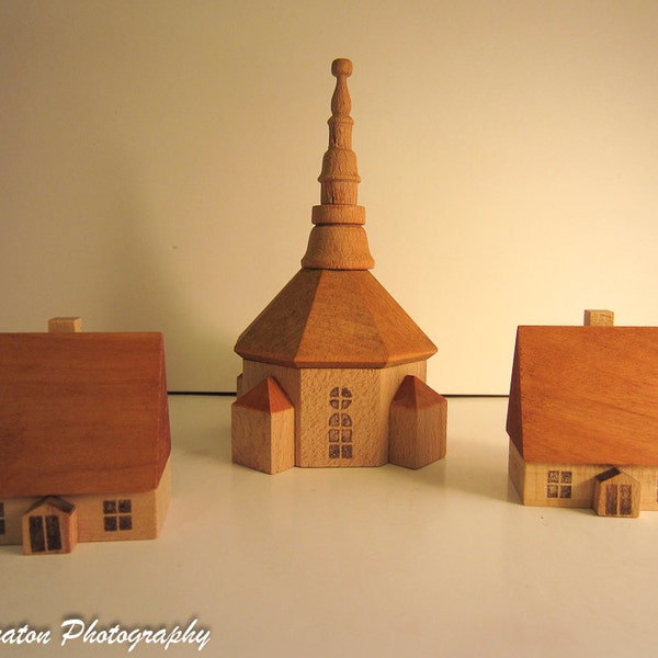 Vintage Wood Miniature Seiffen Village, Church, Two Houses, 3 PC, Made in Germany
