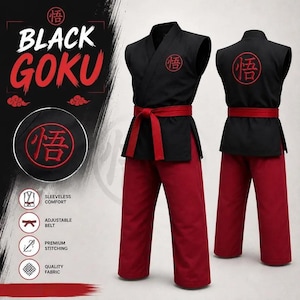 Könnte beinhalten: Eine ärmellose schwarze Kampfkunst-Tunika mit passender roter Hose. Die Tunika zeigt ein rotes kreisförmiges Kanji-Emblem auf der Brust und dem Rücken. Ein breiter roter Schärpengürtel ist um die Taille gebunden. Das Set enthält eine Nahaufnahme.