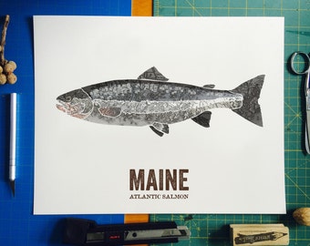 Maine State Fish, Nature art, Outdoor art, Vintage Map art, Art print, Fish Wall decor, Fish Art, Gift For Dad - Atlantic Salmon