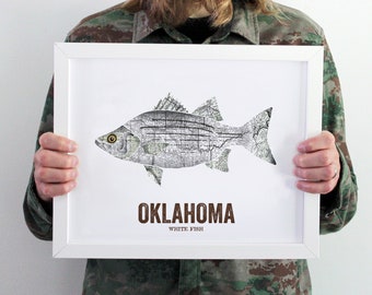 Oklahoma State Fish, Map art, Nature Outdoor art, Vintage Map art, Art print, Wall decor, Fish Art, Gift For Him, Gift for dad - White Bass
