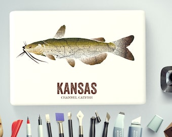 Kansas State Fish, Map art, Nature Outdoor art, Vintage Map art, Art print, Fish Wall decor, Fish Art, Gift For Him - Channel Catfish