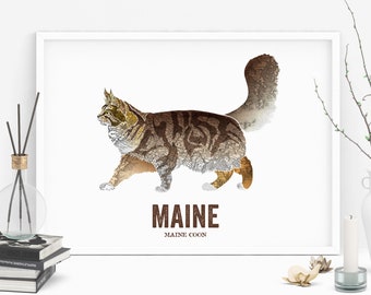 Maine State Cat, Cat print, Cat Art, Vintage Map art, Art print, Wall decor, Gift for her, Cat decor, Map prints - Maine Coon