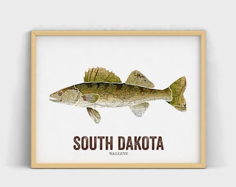 South Dakota State Fish, Map art, Nature Outdoor art, Vintage Map art, Art print, Fish Wall decor, Fish Art, Gift For Men - Walleye