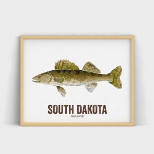 South Dakota State Fish, Map art, Nature Outdoor art, Vintage Map art, Art print, Fish Wall decor, Fish Art, Gift For Men Walleye image 1