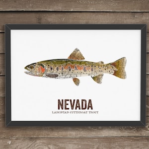 Nevada State Fish, Map art, Nature art, Vintage Map art, Art print, Fish Wall decor, Fish Art, Gift For Him Lahontan Cutthroat Trout image 1