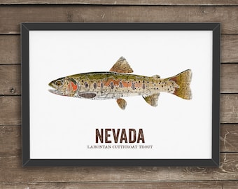 Nevada State Fish, Map art, Nature art, Vintage Map art, Art print, Fish Wall decor, Fish Art, Gift For Him - Lahontan Cutthroat Trout