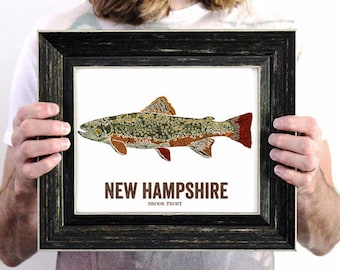 New Hampshire State Fish, Map art, Nature Outdoor art, Vintage Map art, Art print, Fish Wall decor, Fish Art, Gift For Men - Brook Trout