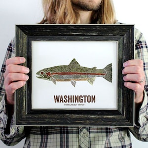 Washington State Fish, Map art, Nature Outdoor art, Cottage Art, Mancave Art,  Fish Wall decor, Fish Art, Gift For Dad - Steelhead Trout