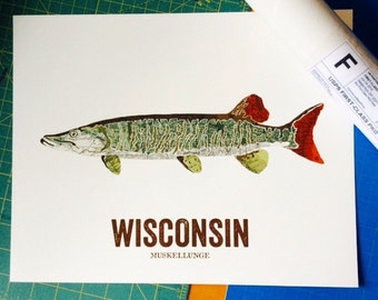 Wisconsin State Fish, Map art, Nature Outdoor art, Vintage Map art, Art print, Fish Wall decor, Fish Art, Gift For Him - MUSKELLUNGE