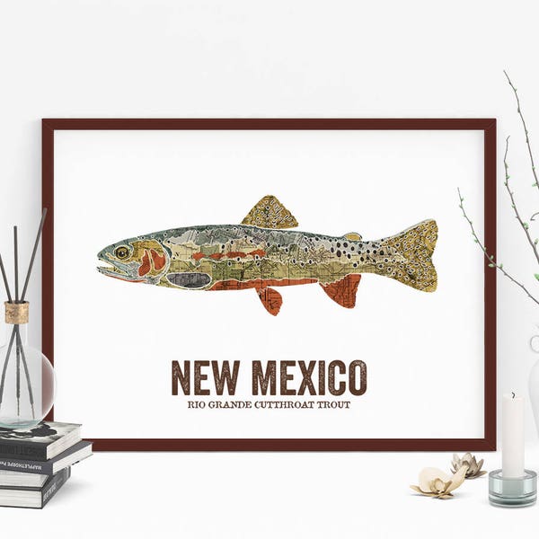 New Mexico State Fish, Map art, Outdoor art, Lake House, Art print, Wall decor, Fish Art, Mancave, Fisherman gift-Rio Grande Cutthroat Trout