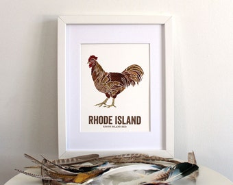 Rhode Island State Bird, Nature art, Outdoor art, Vintage Map art, Art print, Wall decor, Rustic Nursery, Map prints - RHODE ISLAND RED