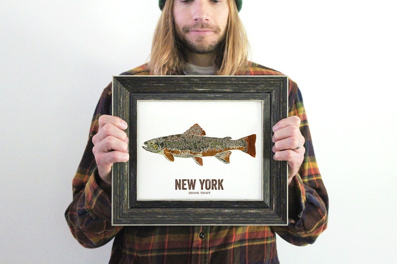 New York State Fish, Map art, Nature Outdoor art, Vintage Map art, Art print, Fish Wall decor, Fish Art, Gift For Him Brook Trout image 1